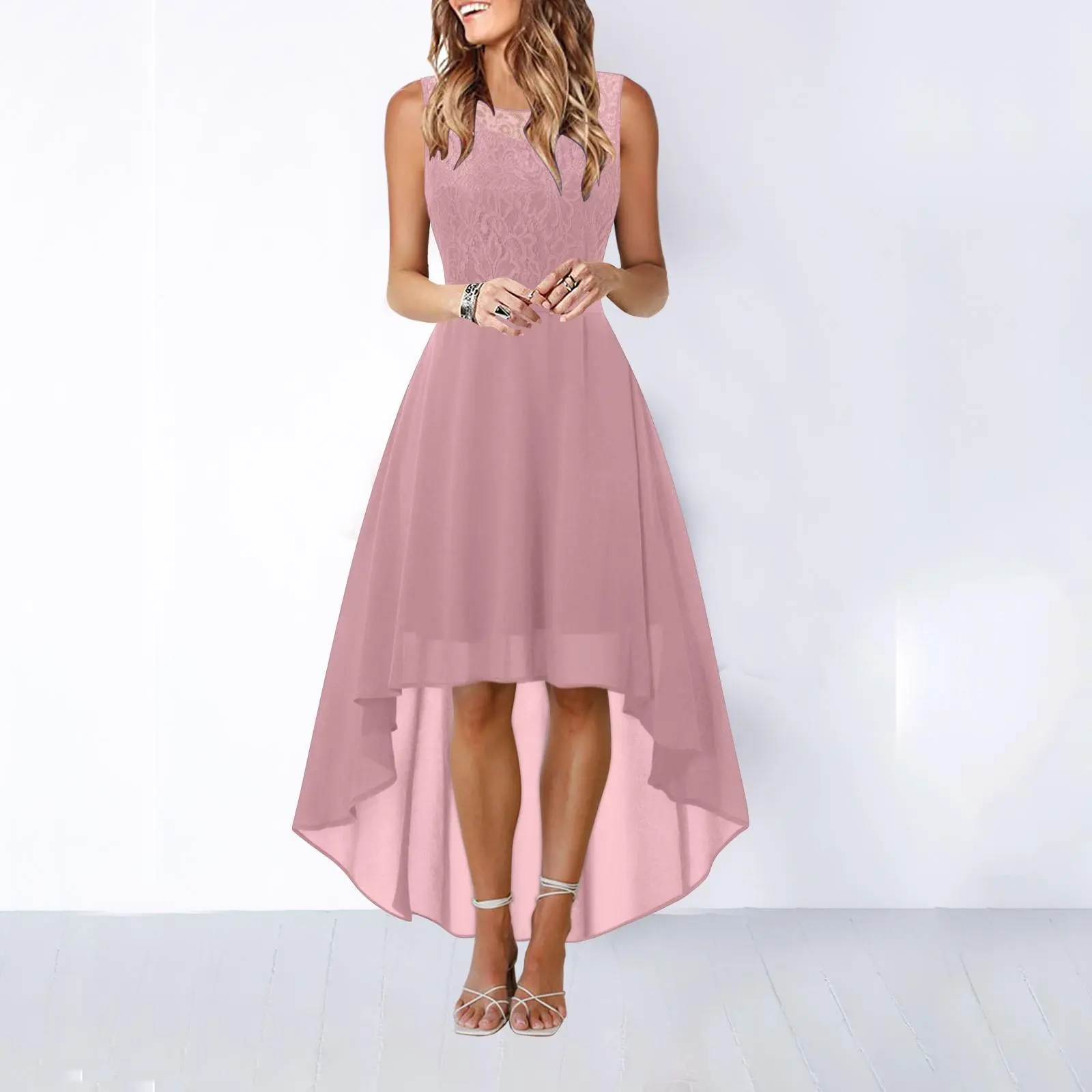 Women's Pink Formal Dress Lace Bow Belt Elegant Irregular Length Sleeveless Chiffon Dress A Line Bridesmaid Formal Long Dresses