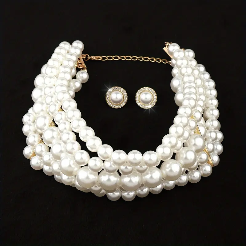 European And American Cross-Border Large And Small Pearls Metal Multi-Layer Necklace Foreign Trade Fashion Round Geometric Earrings Jewelry Set 1