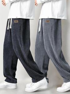 Men's Letter Patched Drawstring Waist Corduroy Pants, Casual Comfy Straight Leg Trousers for Fall & Winter, Men's Bottoms for Daily Wear