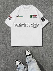 Men's Letter & Race Print Round Neck Tee, Loose Casual Short Sleeve T-shirt for Summer, Men's Top for Daily Wear, Tropical