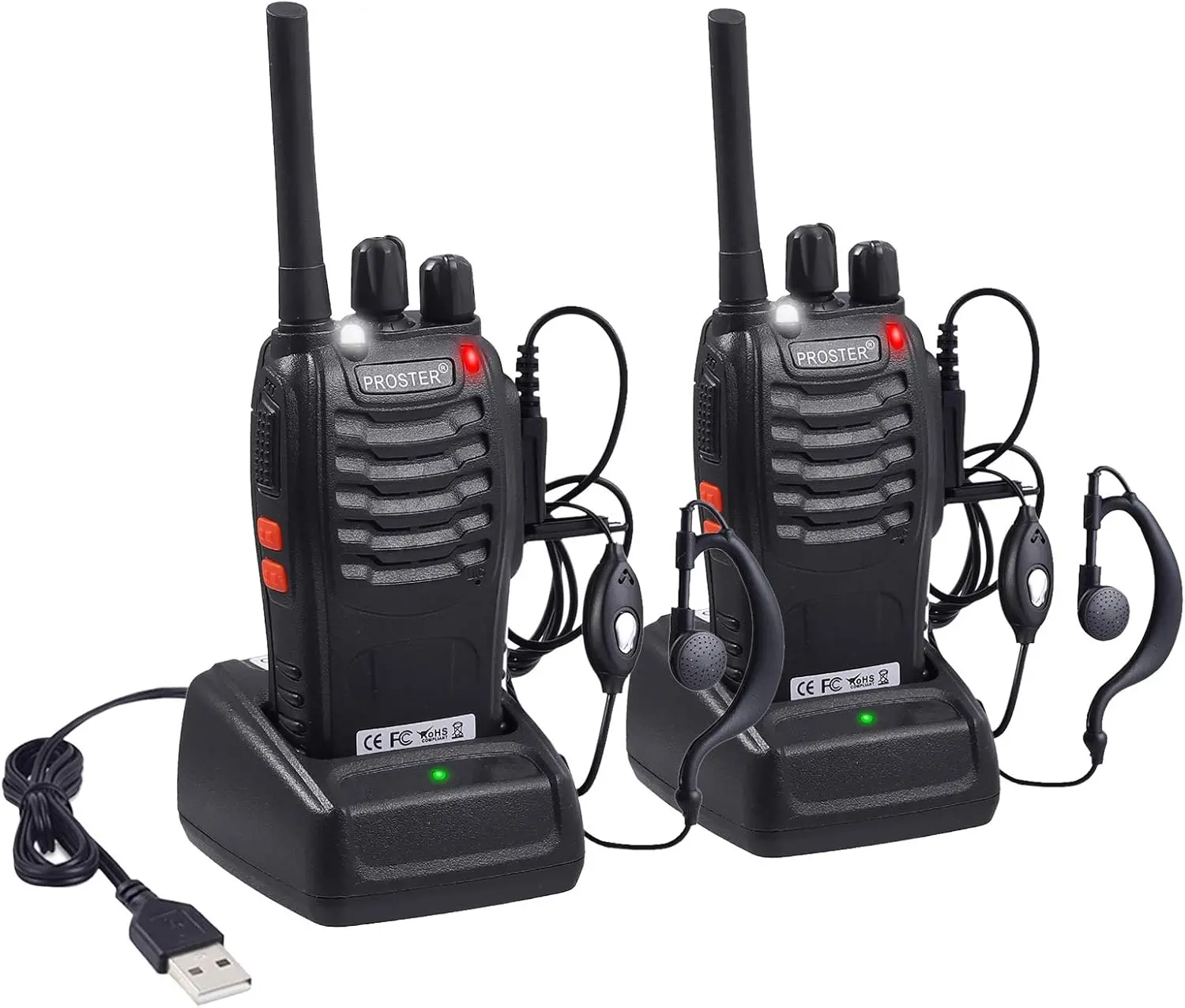 Proster Walkie Talkies 16 Channels Rechargeable Walky Talky with USB Charger Earpieces Walkie Talkies with Voice Prompt 1 Pair