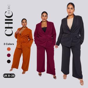 ChicHero Double Breasted Premium Blazer and Elastic Waist Wide Leg Trousers With Pocket Comfort Outfit season Womenswear Fitted Pieces Style Suits Workwear Long Sleeve autumn  set black  friday  sale