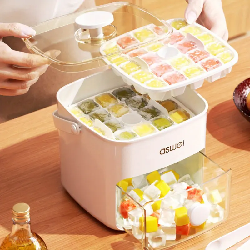 RISELDAJOR  Essential 48-Cube Ice Maker with Easy-Press Lid, Double-Layer Food-Grade Plastic Tray, Freezer-Safe, Ideal for Drinks, a Must-Have Kitchen Accessory. 4