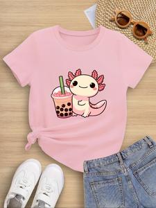 Cute Cartoon Lobster Print Round Neck Tee, Fashion Casual Short Sleeve T-shirt for Daily Outdoor Wear, Kids Clothing for Summer