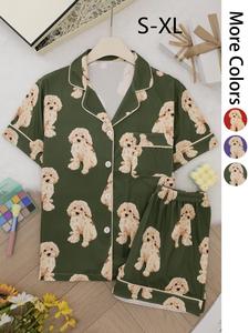 Women's All Over Dog Print Button Front Shirt & Shorts Pyjama Two-piece Set, Casual Comfy Lapel Neck Short Sleeve Top & Shorts Pj Set, Ladies Summer Sleepwear, Pajamas, Cozy Loungewear, Womenswear