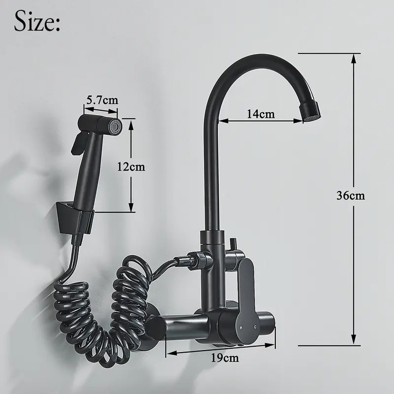 Onyzpily Matte Black Kitchen Faucet With Spray Gun Wall Mounted Hot Cold Water Mixer Tap Rotatable Faucets Dual  Water Mode 5