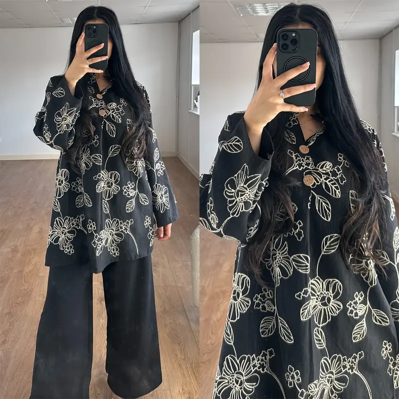 Ladies Premium Floral Embroidered Magic Button Linen Two Piece Co-Ord Set Womens Cotton Long Flare Sleeve Top Wide Leg Pants Trousers Loose Fit Summer Holiday Modest Loungewear Womenswear Overall Outfits 1