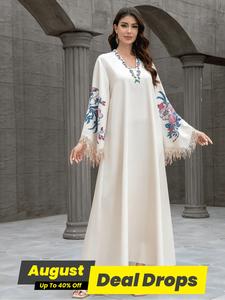 Women's Floral Pattern Contrast Sequin Fringe Trim Longsleeves Dress, Modest Elegant V Neck Long Sleeve Dress for Party Holiday Wedding Guest, Ladies Clothes for All Seasons, Womenswear, Elegant Dresses, Formal Dresses Women