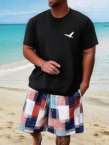 Two-Piece Set Men's Bird Print Short Sleeve Tee & Plaid Print Shorts, Loose Casual Round Neck T-shirt & Shorts, Men's Summer Clothes for Beach Vacation