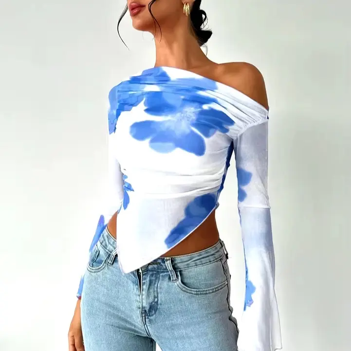 new women's elegant design sense of smudgy gradual print irregular hem off-shoulder long sleeve T-shirt Top Womenswear Streetwear Summer Basic Minimalist Tshirt Comfort Blouses Fitted Beach Flowers Piece Short Black Comfortable