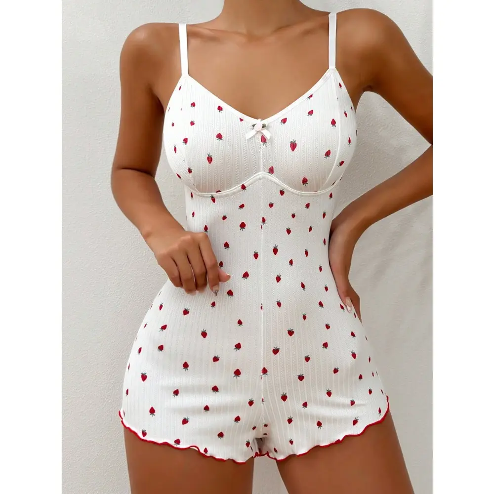 Strawberry Print Lettuce Trim Cami Tank Top