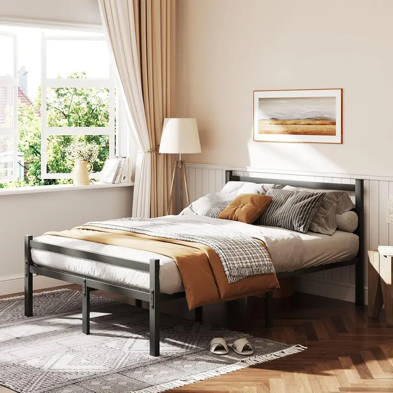 4ft6 Double Bed Frame with Headboard, Black Metal Bed Frame with Storage, Double Bed for Adults, Heavy Duty Platform Bed Frame, No Box Spring Needed 1