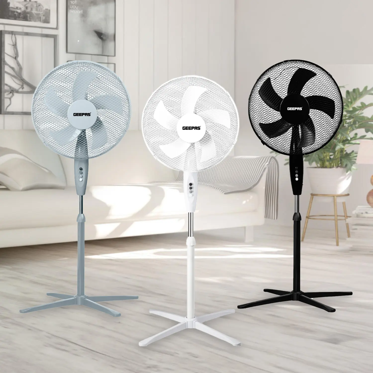 Geepas 16-Inch 5 Leaf Black, Grey, White Adjustable Pedestal Fan with 3 Power Levels (3 Colours) - Ultimate Cooling Control