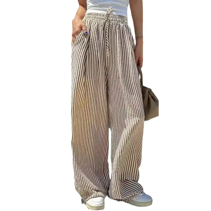 29/5000 Ice silk wide-leg pants for women, summer salt-like drape, Korean-style loose, versatile, high-waisted, elastic, thin, and straight-leg pants 0