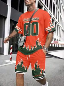 Men's All Over Print Short Sleeve Tee & Shorts Set, Regular Fit Casual Fashion Cozy Round Neck T-shirt & Track Shorts, Men Two-piece for Summer