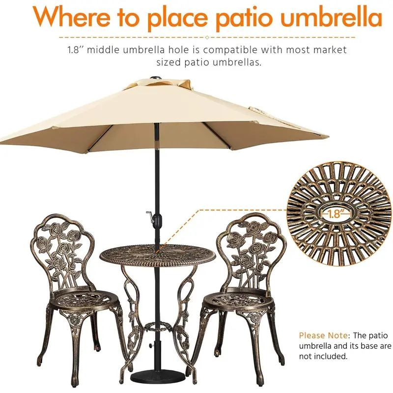 3-Piece Patio Bistro Set, Outdoor AluminumTable and Chairs, Garden Dinging Furniture, Rose Design for Balcony, Porch, Lawn, Pool, Bronze 2
