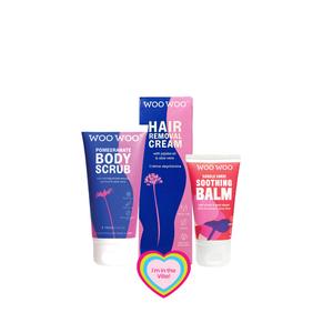WooWoo Bikini Babe Ultimate Hair Removal Bundle with Aloe Vera for Long Lasting Smoothness No In-growns Tame It! Intimate Hair Removal Cream 100ml, Pomegranate Body Scrub with Pumice for glowy skin & Saddle Sore Soothing Balm