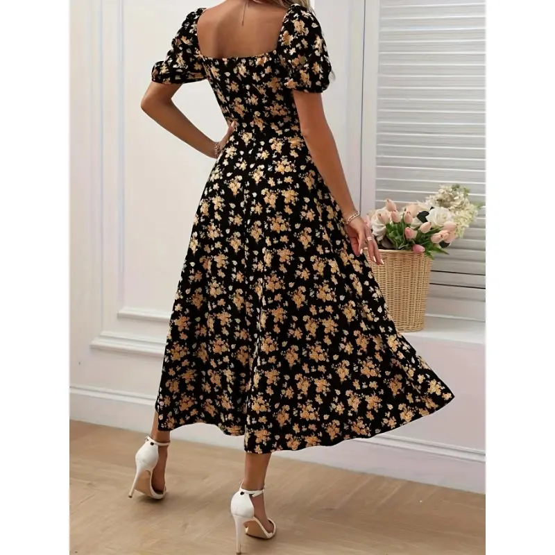 Floral Print Puff Sleeve Dress, Chic Split Hem A-line Dress For Spring & Summer, Women's Clothing Casual Womenswear Comfort Bohemian Boho Fitted Multicolor Shortsleeve Formal 5