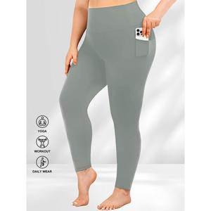 Plus Size Solid Color High Waist Leggings with Pocket Design Casual Simple High Elasticity Tight Pants for Women Soft Comfortable Women's Pants Suitable for All Seasons Women's Clothing Thermal Womenswear jeans Basic Minimalist