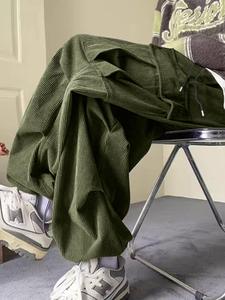 Men's Solid Drawstring Waist Corduroy Cargo Pants, Loose Casual Pocket Trousers for Fall & Winter, Men's Bottoms for Daily Wear