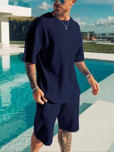 Two-Piece Set Men's Solid Short Sleeve Tee & Drawstring Waist Shorts Set, Regular Fit Casual Round Neck T-shirt & Track Shorts, Men's Summer Clothes