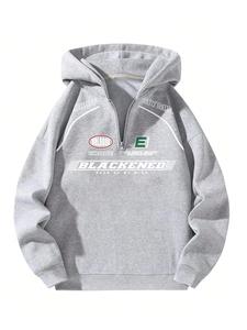 Men's Letter Print Half Zip Hoodie, Casual Loose Long Sleeve Hooded Sweatshirt for Fall & Winter, Men's Clothes for Daily Wear