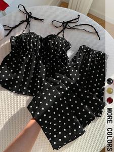 Women's Polka Dot Print Cami Top & Wide Leg Pants Set, Tie Shoulder Straps, Front Drawstring Bust, Elastic Waistband, Lightweight Draped Woven Fabric, Daily Casual Vacation Loungewear Streetwear Wear