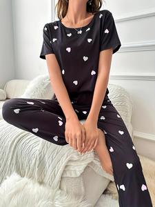 Women's Heart Print Pyjamas Set, Short Sleeve Tee & Elastic Waist Pants Set, Comfort PJ Clothing for Homewear, Women's Sleepwear & Loungewear Set