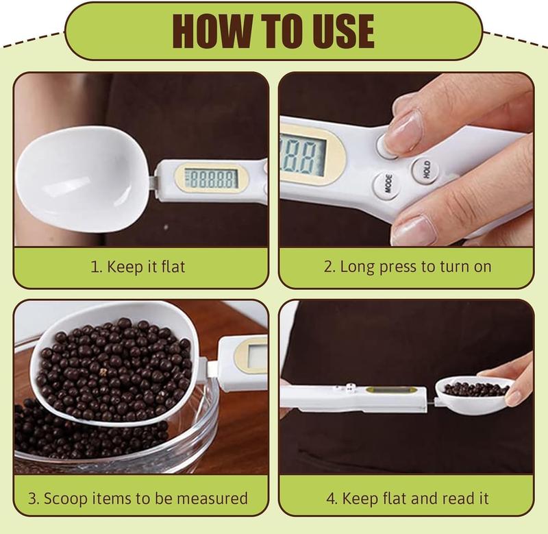 Product Introduction of Kitchen Digital Spoon Food Measuring Scoop Scale, Weighing Spoon Scale 0.1g to 500g Precision with LCD Display Spoon Scale, Electronic Measuring, for Dispensing Food, Condiments and Pet Food (White) Utensils Lightweight 3
