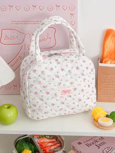 Bow&Floral Lunch Bag Quilted Strawberry Insulated Lunch Bag Bento Bag Fruit Food Storage Bag Tote Lunch Bag Bags Lightweight Reusable Large Capacity Handheld Cooler Tote Bag with Pockets Picnic Bag Leak proof Lunch Tote Bag Portable Lunch Bag