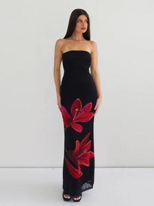 Women's Floral Print Backless Bodycon Tube Formal Dress, Chic Elegant Strapless Tie Back Dress for Party Club Dating Wear, Ladies Summer Clothes, Womenswear, Prom Dress, Black