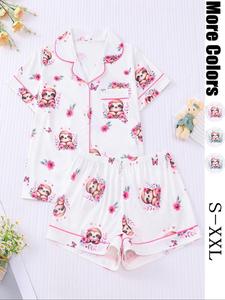 Women's All Over Print Lapel Neck Shirt & Shorts Pyjama Two-piece Set, Casual Comfy Short Sleeve Top & Shorts Set, Ladies Sleepwear for All Seasons, Loungewear
