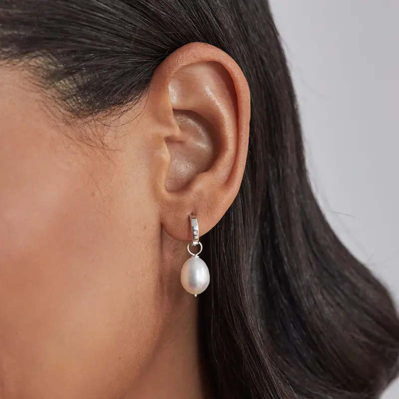 Silver Plain Huggie Pearl Drop Hoop Earrings 1