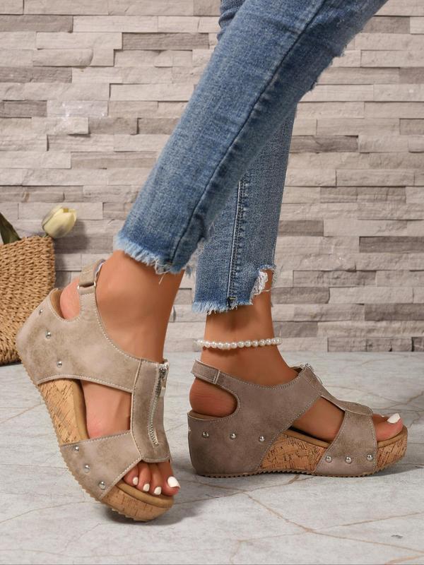 Women's Fashionable Zipper Design Peep ToeWedge Sandals, Casual Comfortable Sandals forBeach Vacation, All-match Commuter Shoes forWork & Daily Wear, Summer 8