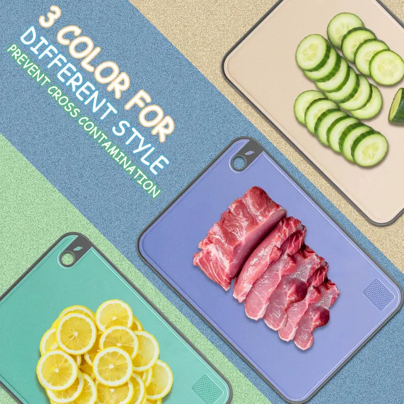 Chopping Board Set, BPA Free Plastic Cutting Boards, Large Chopping Boards with Non-Slip Rubber Feet and Garlic Press Grove for Kitchen Carving Meat/Vegetable, Durable & Easy to Clean, 3 Pcs Knives 2