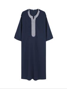 Men's Loose Embroidering Notched Neck Kaftan, Summer Outfits 2024, Casual Short Sleeve Contrast Binding Arabic Clothing, Fashion Men's Islamic Clothing for Daily Wear