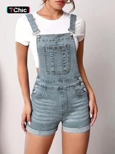 Women's Solid Color Button Fly Denim Overalls, Casual Comfy Chic Basic Adjustable Strap Skinny Overalls for Daily Wear, Ladies Clothes for Summer, Tight Fit Dungarees, Womenswear, Overallsgirl, Spaghetti Straps Overalls