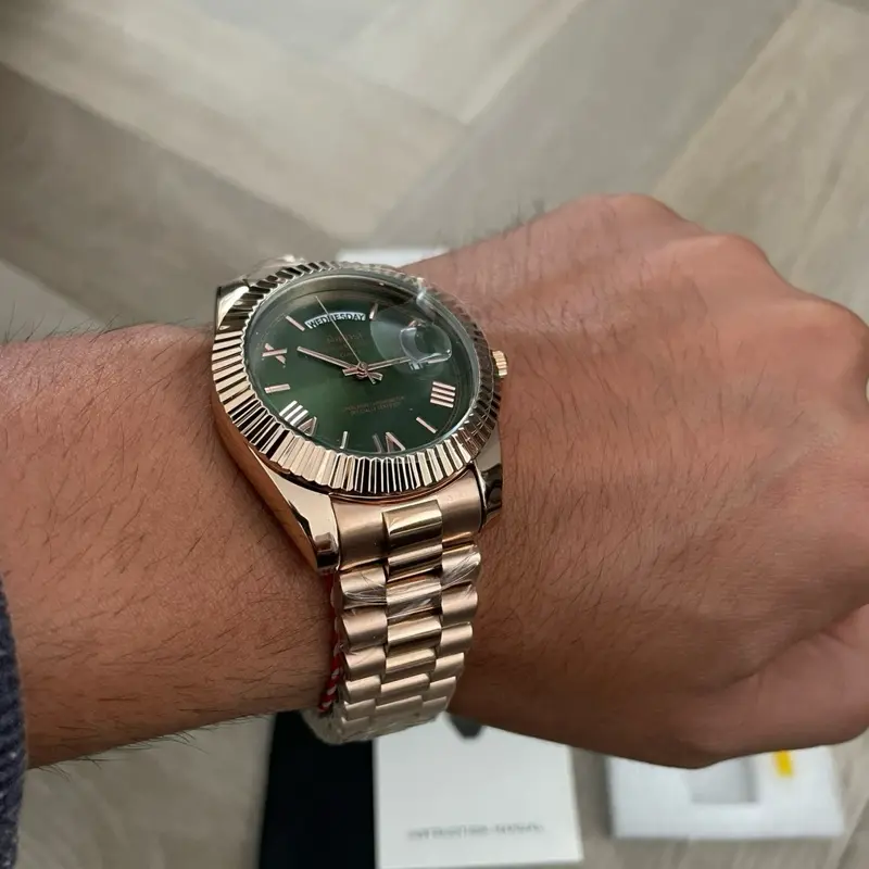 Men's Rose Gold Day Date Quartz Watch with Green Dial and Waterproof 3ATM luxury watches