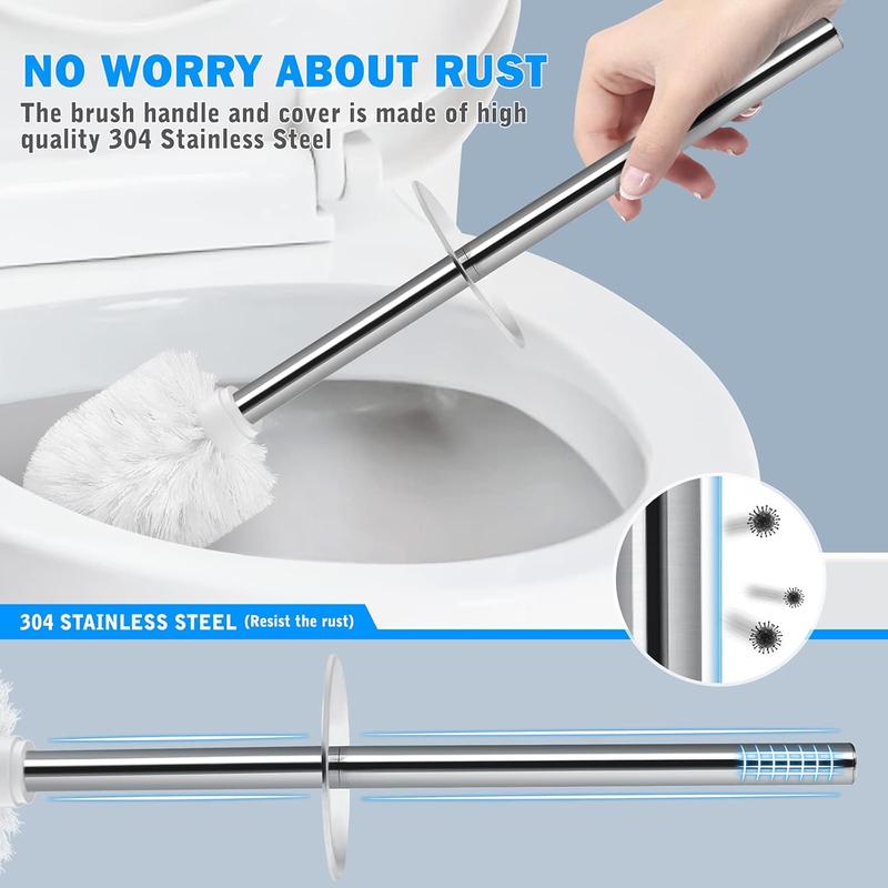 Toilet Brush and Holder, 2 Pack Toilet Brush with 304 Stainless Steel Long Handle, Toilet Bowl Brush for Bathroom Toilet-Ergonomic, Elegant,Durable (White) 4