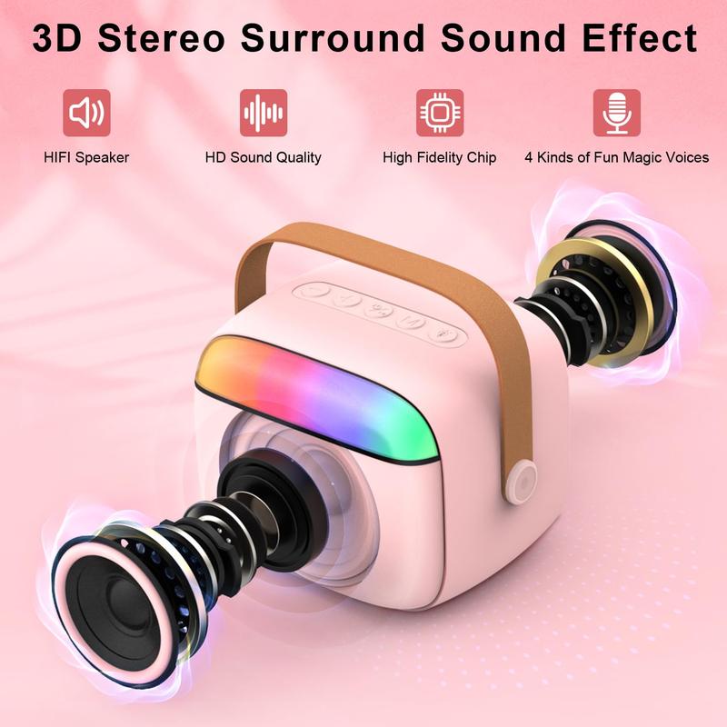 Kids Karaoke Machine,Portable Bluetooth Speaker with 2 Wireless Microphones/LED Light/Voice Changing Effects,Gifts for Age 3-18 Kids Boys Girls Families Birthday Party,Pink 5