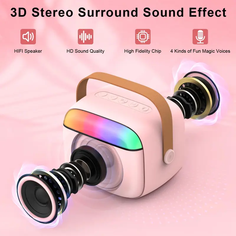 Kids Karaoke Machine,Portable Bluetooth Speaker with 2 Wireless Microphones/LED Light/Voice Changing Effects,Gifts for Age 3-18 Kids Boys Girls Families Birthday Party,Pink 4