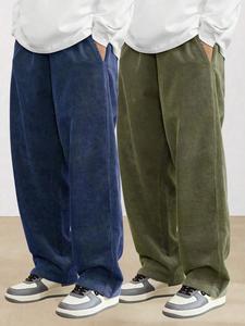 Men's Solid Corduroy Pants, Casual Comfy Loose Straight Leg Trousers for Fall & Winter, Men's Bottoms for Daily Wear