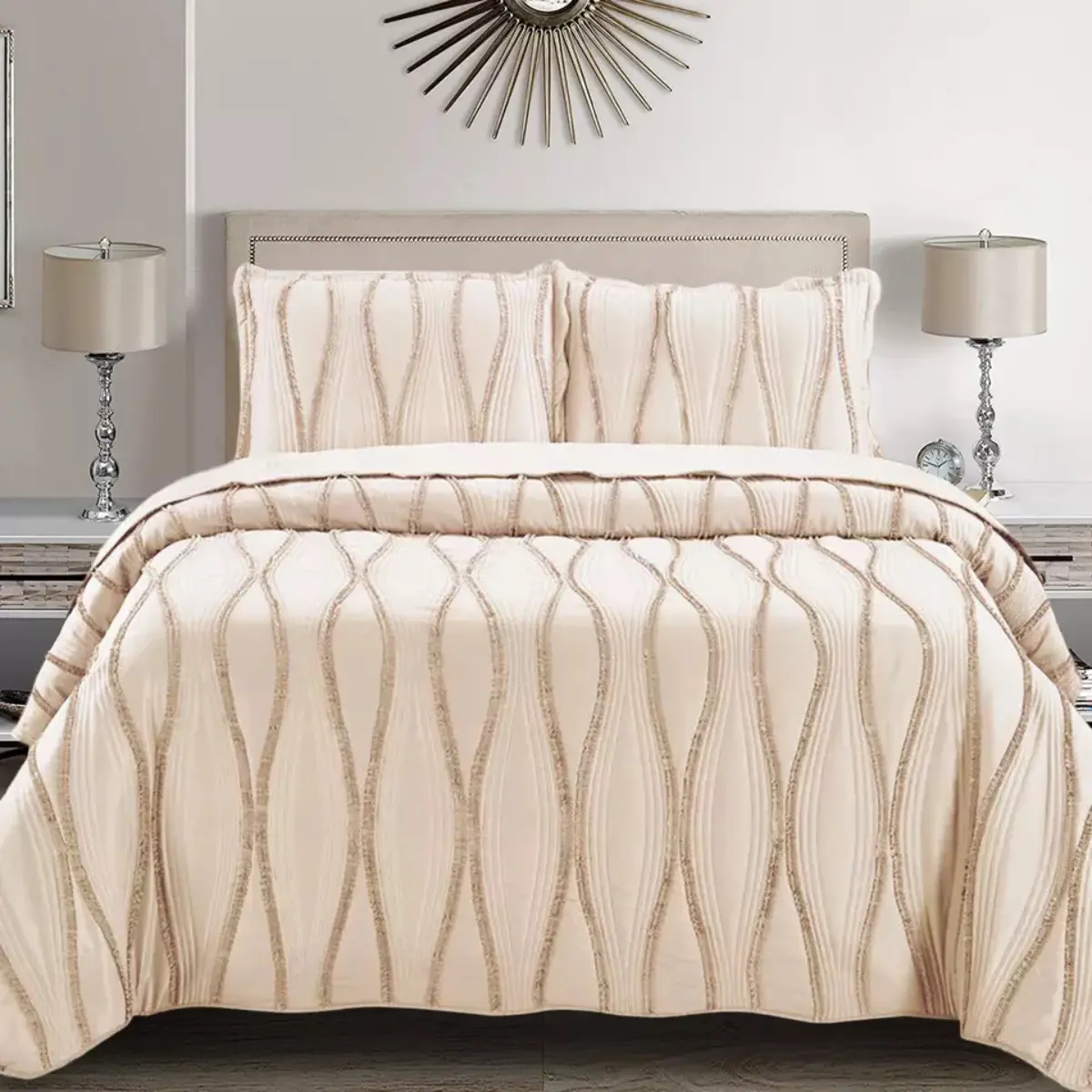 3 Piece Quilted Bedspread Embossed Bedding Set Single Double King Size Bed Throw