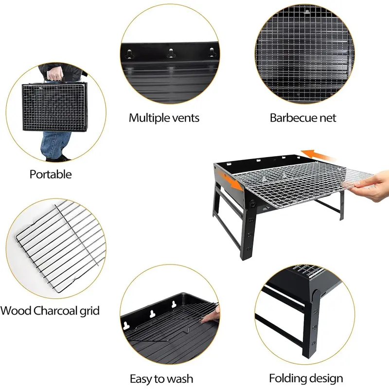 BBQ Barbecue Grill, Portable Foldable Charcoal Grill for Outdoor, Stainless Steel BBQ Tabletop Smoker for Picnic, Garden, Terrace, Camping, Travel, Hiking 3