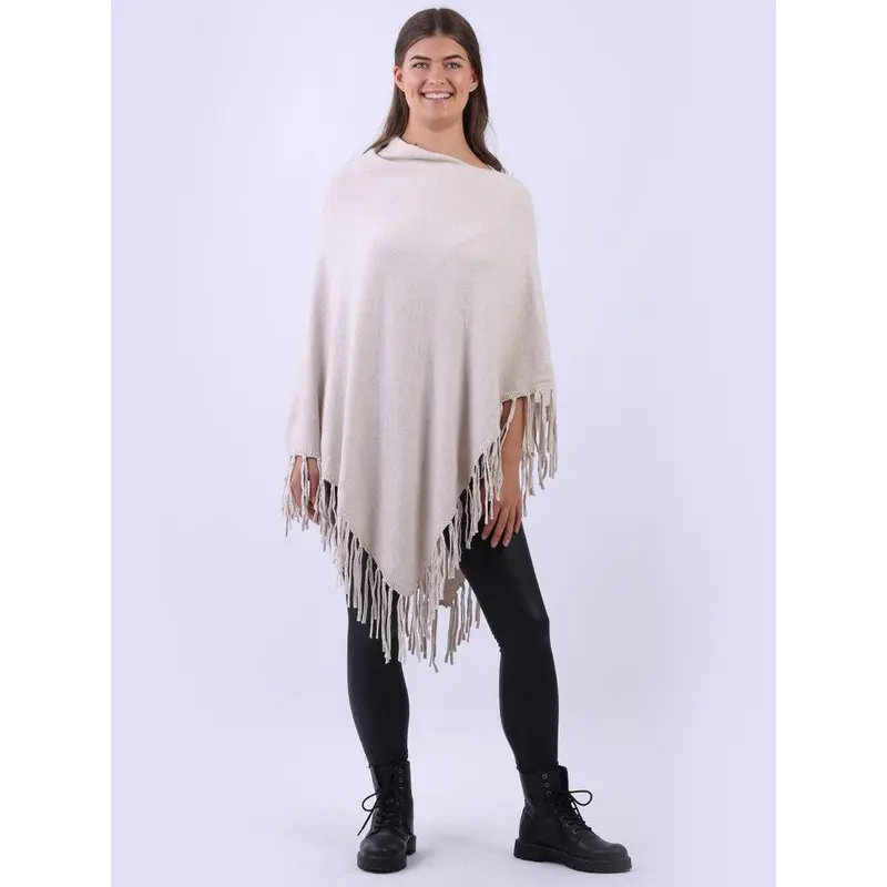 Cozy Cowl Neck Ladies Knitted Fringe Poncho 8