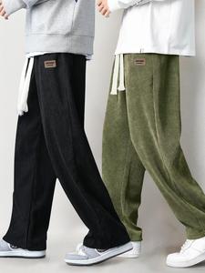 Men's Letter Patched Drawstring Waist Corduroy Pants, Casual Comfy Straight Leg Trousers for Fall & Winter, Men's Bottoms for Daily Wear