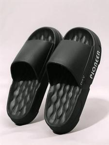 Men's Casual Letters Print Slides, Soft Comfortable Black Bathroom Slippers, Non-slip Slippers for Indoor & Bathroom Use for All Seasons, National Day Offers