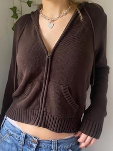 Women's Drawstring Drop Shoulder Zip Up Hooded Crochet Cardigan, Casual Solid Dual Pocket Long Sleeve Knitwear Outerwear for Party New Style, Fashion Cardigans for Women, Women's Clothing, Cardigans for Women, Go Out Tops, Chic Womenswear