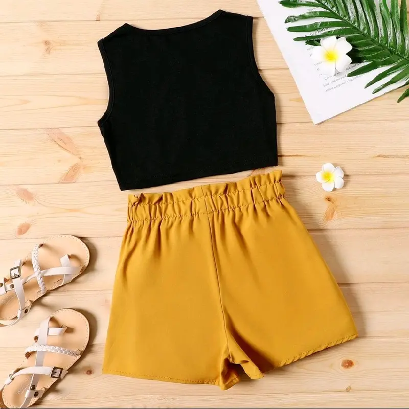 Girls Tie Knot Sleeveless Top & Paperbag Shorts Set 1