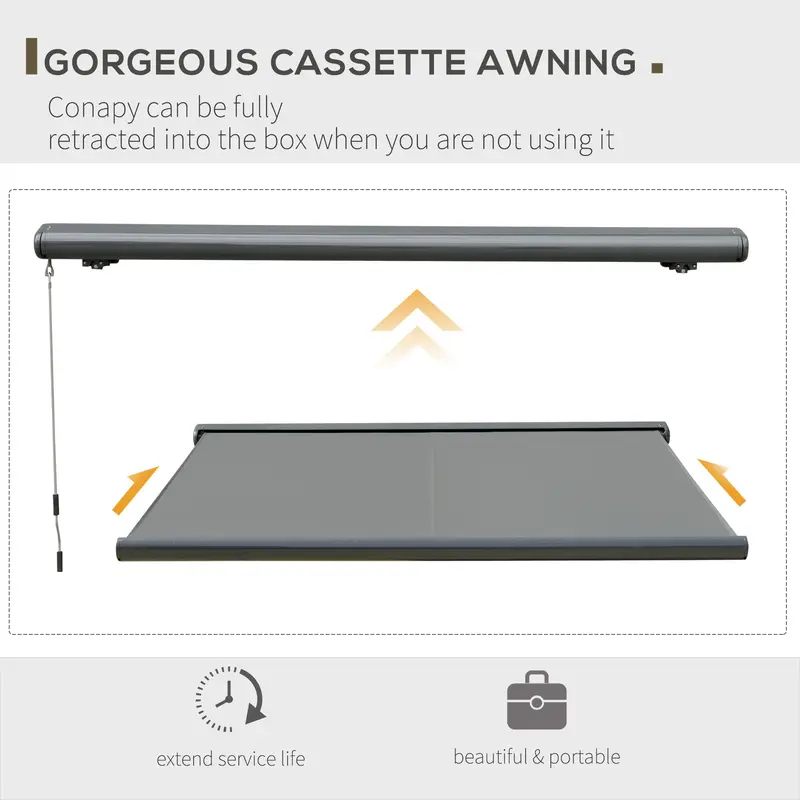 Outsunny 3.5x3m LED Light Full Cassette Case Electric/Manual Awning Door Window Sun Shade Patio Canopy Retractable w/ Remote Grey 5